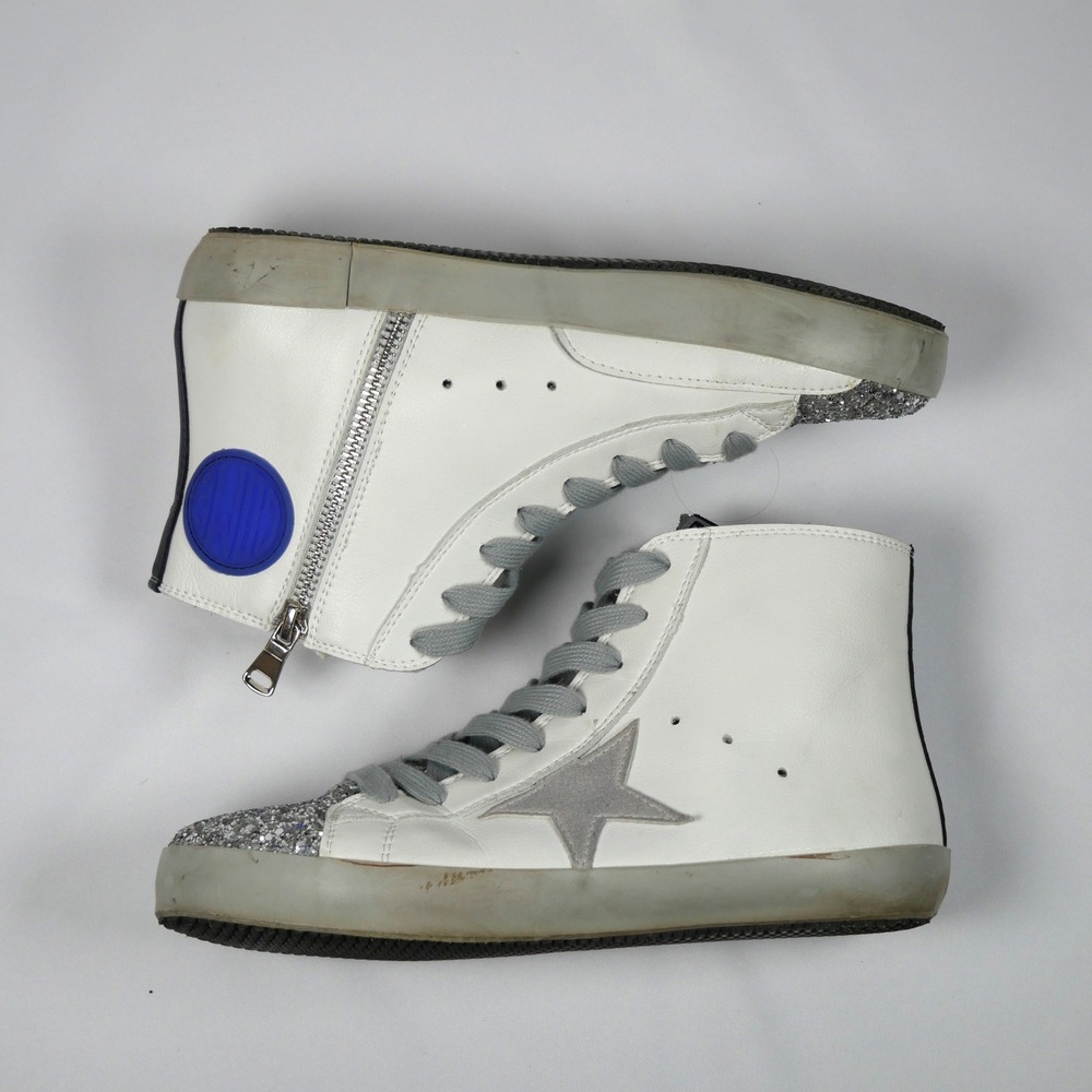 Golden Goose Francy Hightop Sneakers White Leather Silver Glitter Star Zip Women - Picture 9 of 12